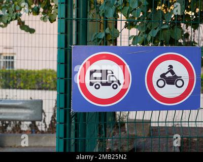 road sign entry and parking prohibited for motorbikes and motorhomes Stock Photo