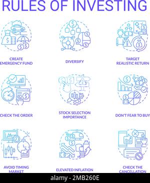 Rules of investing blue gradient concept icons set Stock Vector