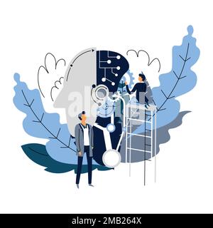 Programmers and artificial intelligence creation robot head and cogwheels vector smart assistant internet search and cyber or digital space manager fu Stock Vector
