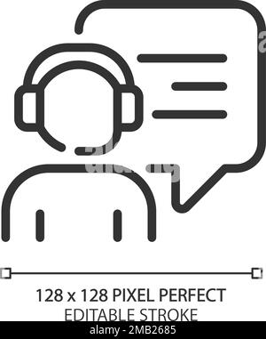 Interact with call centre operator pixel perfect linear icon Stock Vector