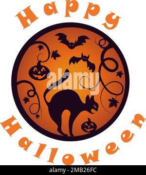Autumn illustration with typography black cat and bats on gradient background for Halloween decoration Stock Vector