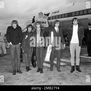 File photo dated 02/08/65 of American pop group The Byrds at London Airport, where they flew in for a 16-day tour. (left-right) Mike Clarke, Chris Hillman, David Crosby, Jim McGuinn and Gene Clark, as David Crosby has died at the age of 81 following a 'long illness', his wife Jan Dance confirmed in a statement to US outlet Variety. Stock Photo