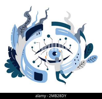 Digital or cyber technology eye and open web pages artificial intelligence vector eyeball and Internet surfing assistant intellectual search and ai in Stock Vector