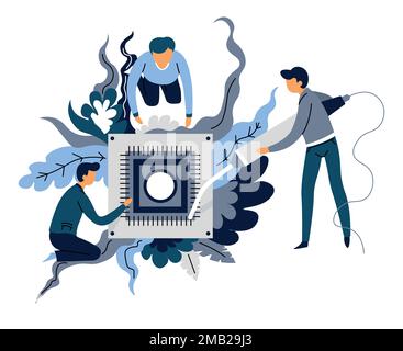 Microscheme soldering and programmers artificial intelligence creation abstract concept vector engineering male characters and metal part mechanism fu Stock Vector