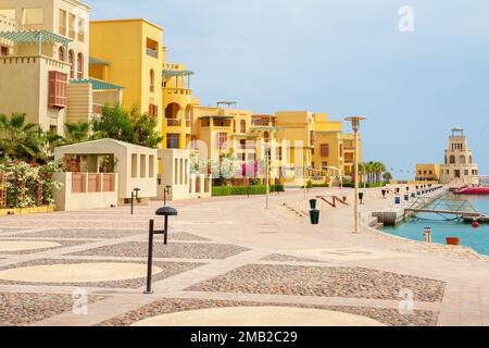 View of marina promenade and lighthouse El Gouna city. Egypt Stock Photo