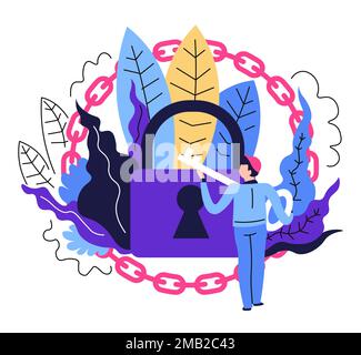 Device protection security system and safety lock and key with chain vector secure data network and Internet digital technologies privacy abstract con Stock Vector