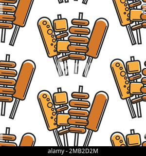 Street food on stick Korean cuisine seamless pattern meat potato and cheese on skewer vector deep fried meals endless texture culinary recipes and coo Stock Vector