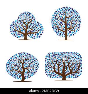 Abstract maple leaves blue tree silhouettes set Stock Vector