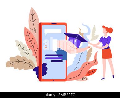 Gadget or smartphone online education academic hat vector female student degree receiving at home knowledge and professional skills training Internet Stock Vector