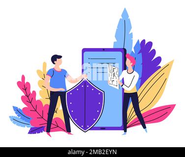 Protection system device security shield chip and smartphone vector male characters programmers digital safety gadget and media data antivirus and pri Stock Vector