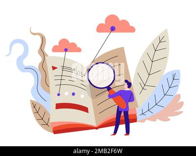 Internet learning online education reading book student vector textbook and magnifier knowledge and information search or scientific research exam pre Stock Vector
