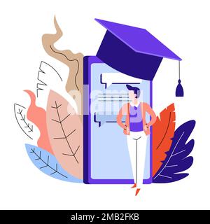 Smartphone in academic hat online education vector male student degree receiving at home Bachelor or Master knowledge and training Internet school and Stock Vector