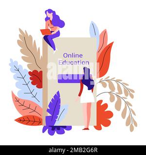 Knowledge online education female students and book or textbook vector literature reading online web library and readers novels and scientific encyclo Stock Vector