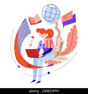 Online education or training abstract concept girl learning through laptop vector woman and computer knowledge and studying Internet school textbook a Stock Vector