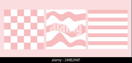 Pink seamless patterns set for y2k emo baby girl style. Pink waves, chess, lines wallpaper. Stock Vector