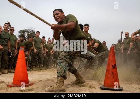 U.S. Marines and Sailors with Ammunition Company, 1st Supply Battalion, 1st Marine Logistics Group, participate in a tug-of-war event during a battalion field meet on Camp Pendleton, California, June 10, 2022. The field meet was held to boost morale and camaraderie throughout the battalion. Stock Photo