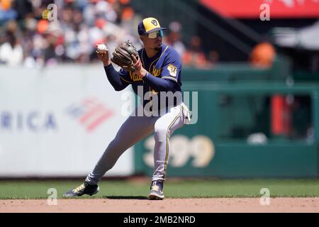 Arizona Diamondbacks' Evan Longoria hits against the Milwaukee Brewers  during the first inning of a baseball game, Monday, April 10, 2023, in  Phoenix. (AP Photo/Matt York Stock Photo - Alamy