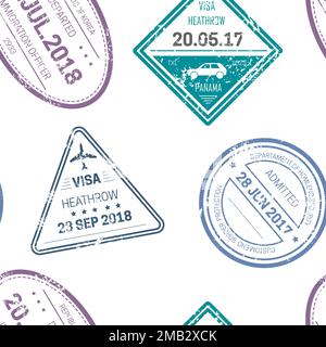 Visa stamps or seals seamless pattern traveling and country borderline crossing Stock Vector