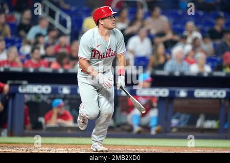 Philadelphia Phillies' J.T. Realmuto watches a home run during a baseball  game, Thursday, Aug. 10, 2023, in Philadelphia. (AP Photo/Matt Slocum Stock  Photo - Alamy