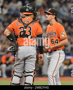 Pitching coach Chris Holt of the Baltimore Orioles talks to his