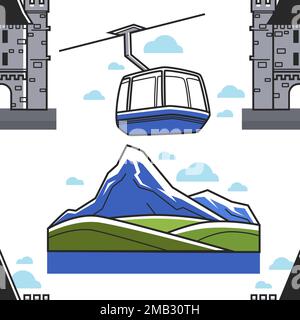 Swiss landscape castle and funicular seamless pattern landmarks and sights Stock Vector