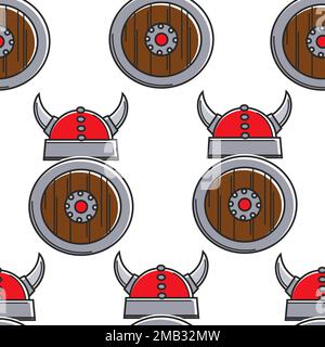 Norway history vikings armory seamless pattern helmet and shield Stock Vector