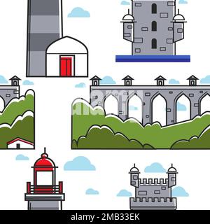 Portugal bridge and brick tower lighthouse seamless pattern Stock Vector