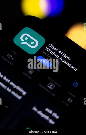 Woman's hand holding an iPhone with appstore and ChatGPT and Chat bot apps, artificial intelligence time. 01.01.2023 Amsterdam, Netherlands Stock Photo