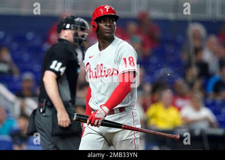 Philadelphia Phillies' Didi Gregorius walks to the dugout after popping out  during the fifth inning of a baseball game against the Miami Marlins,  Saturday, July 16, 2022, in Miami. (AP Photo/Lynne Sladky