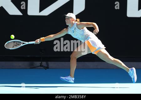 Melbourne, Australia. 20th Jan, 2023. Iga Swiatek of Poland in action during round 3 match between Iga Swiatek of Poland and Cristina Bucsa of Spain Day 5 at the Australian Open Tennis 2023 at Margaret Court Arena, Melbourne, Australia on 20 January 2023. Photo by Peter Dovgan. Editorial use only, license required for commercial use. No use in betting, games or a single club/league/player publications. Credit: UK Sports Pics Ltd/Alamy Live News Stock Photo