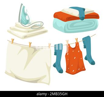 Clean laundry iron and drying line with pins linen and clothes Stock Vector