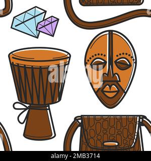 South Africa symbols seamless pattern tomtom and mask Stock Vector