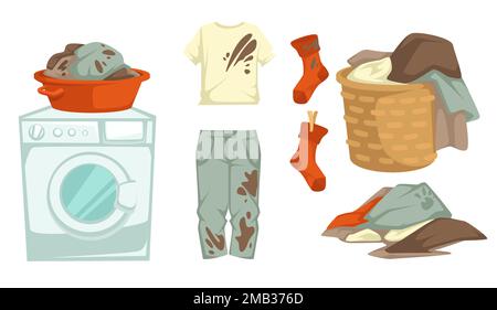 Washing machine and dirty laundry mud stains and messy linen Stock Vector