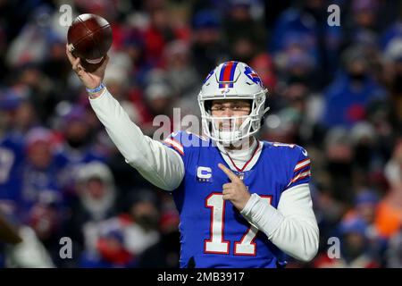 FILE - Buffalo Bills quarterback Josh Allen (17) throws a pass during the  first half of an NFL divisional round playoff football game against the  Kansas City Chiefs, Sunday, Jan. 23, 2022