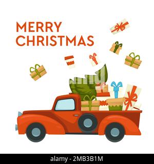 Merry Christmas postcard car with gifts and Xmas tree Stock Vector