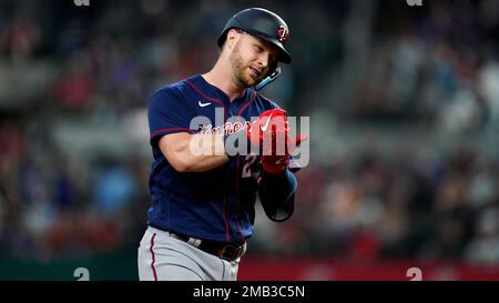 Minneapolis, USA. 05th Aug, 2023. Minnesota Twins catcher Ryan Jeffers (27)  celebrates a double in the third inning during a MLB regular season game  between the Arizona Diamondbacks and Minnesota Twins, Saturday