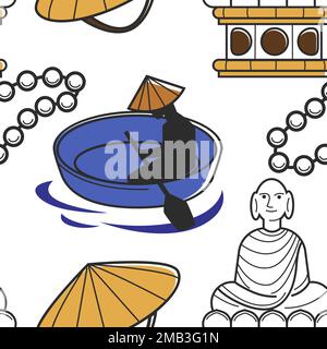 Man in boat architecture and headdress travel to Vietnam seamless pattern Stock Vector