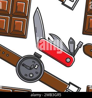 Swiss symbols seamless pattern chocolate knife and watch Stock Vector