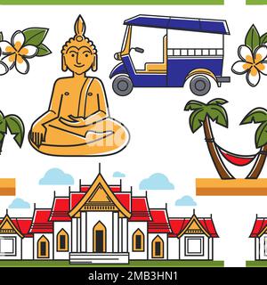 Thailand symbols seamless pattern architecture nature and transport Stock Vector