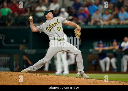 Oakland Athletics relief pitcher Zach Jackson throws to the Texas