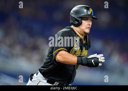 Pittsburgh Pirates first baseman Yoshi Tsutsugo, of Japan, bats during the  second inning of a baseball game against the Miami Marlins, Tuesday, July  12, 2022, in Miami. (AP Photo/Lynne Sladky Stock Photo 