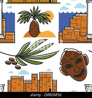 Tunisia symbols palm tree and ancient ruins mask and date fruits Stock Vector