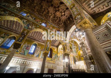 Painted ceilings and arches of the Palatine Chapel, Capella Palatina, inside Norman Palace, Palazzo dei Normanni, also called Royal Palace of Palermo. Stock Photo