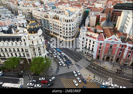 Main face and terraces of the Church of St. Joseph and Metropolis building on the Gran Via in Madrid, photographed from the Circulo de Bellas Artes. Stock Photo