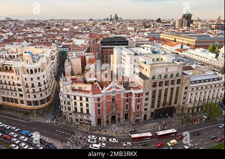 Main face and terraces of the Church of St. Joseph and Cervantes building on the Gran Via in Madrid, photographed from the Circulo de Bellas Artes. Stock Photo