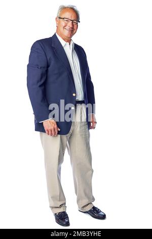 Portrait, happy and senior businessman in studio for vision, mission and work on white background. Elderly, ceo and man standing and proud of business Stock Photo