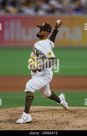San Diego Padres' Robert Suarez makes a gesture during a baseball game  against the Los Angeles Dodgers, Saturday, April 23, 2022, in San Diego.  (AP Photo/Derrick Tuskan Stock Photo - Alamy