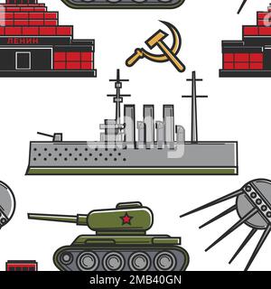 Soviet Union or USSR military equipment architecture and technology seamless pattern vector warship and tank Lenins mausoleum and satellite hammer and Stock Vector