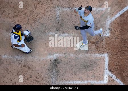 Pittsburgh Pirates' Daniel Vogelbach reacts after a called third strike by  home plate umpire Larry Vanover during the first inning of the team's  baseball game against the Atlanta Braves on Friday, June