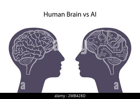 Human brain vs artificial intelligence. Two human heads. Stock Vector